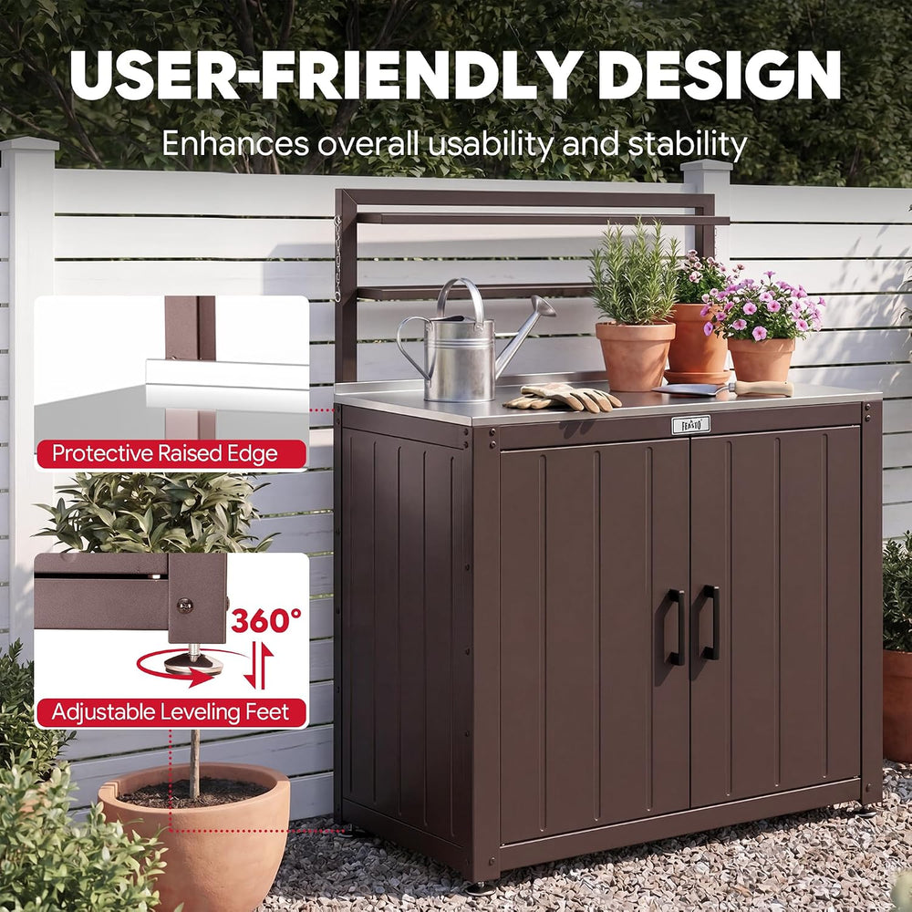Feasto Outdoor Potting Bench Table with Storage Cabinet, Brown