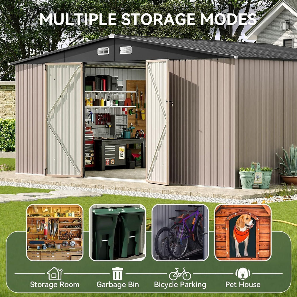 Aoxun 14x12 FT Outdoor Storage Shed, Metal Shed with Lockable Doors, Brown
