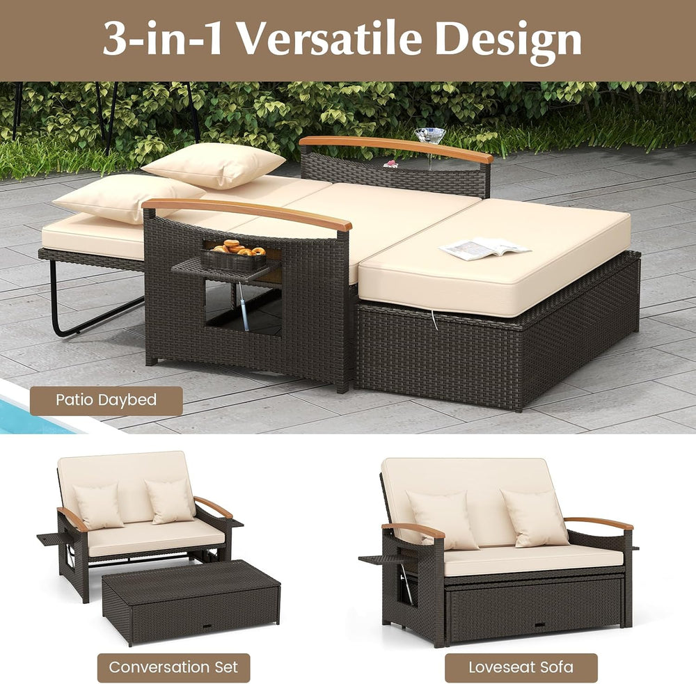 Moccha Outdoor Wicker Daybed, Patio Rattan Loveseat Sofa w/ 4-Level Adjustabl...