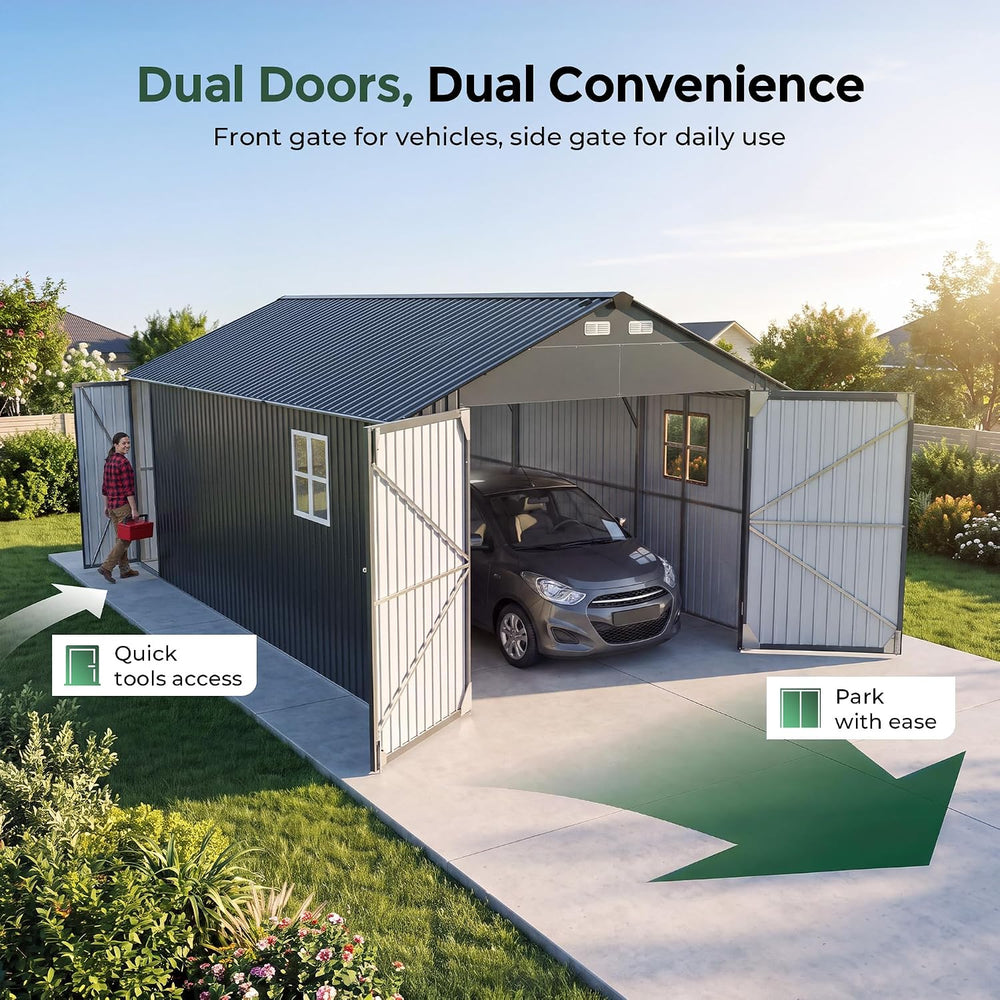 13x20x9.5 FT Outdoor Metal Garage, Enclosed Carport with Solar Light Bars
