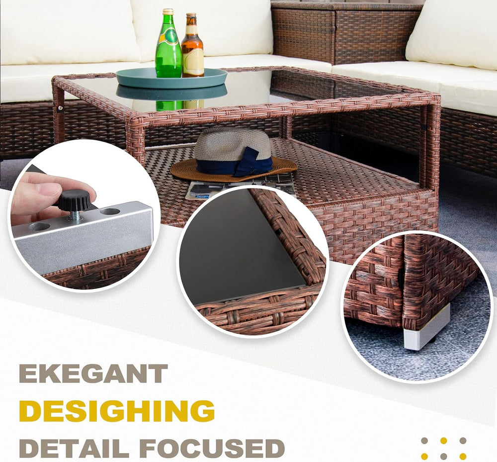 DIMAR GARDEN Outdoor Coffee Table Wicker Patio Rattan Side Table with Glass T...