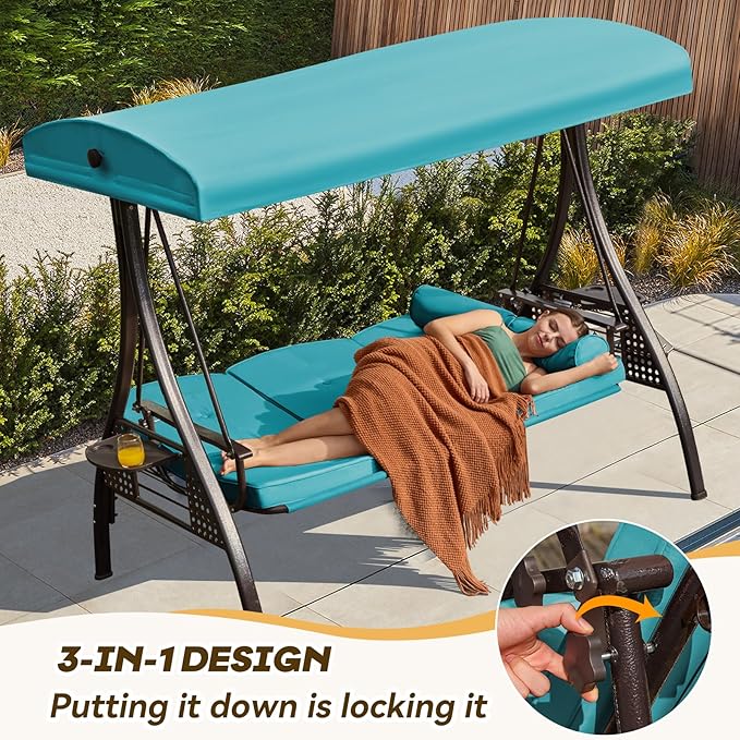 3 in 1 Outdoor Porch Swing with Adjustable Canopy, 3 Seat Outdoor Swing for A...