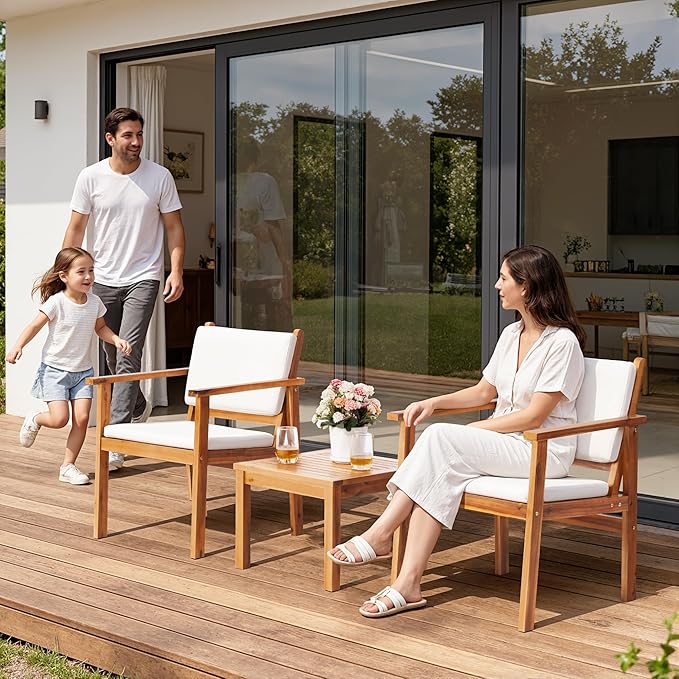 Flamaker Patio Chairs 3 Piece Acacia Wood Patio Furniture with Coffee Table &...