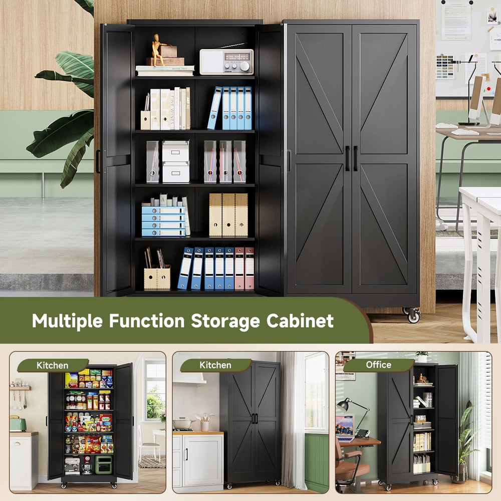 Letaya Metal Garage Storage Cabinets with Wheels,71”H Black Kitchen Pantry