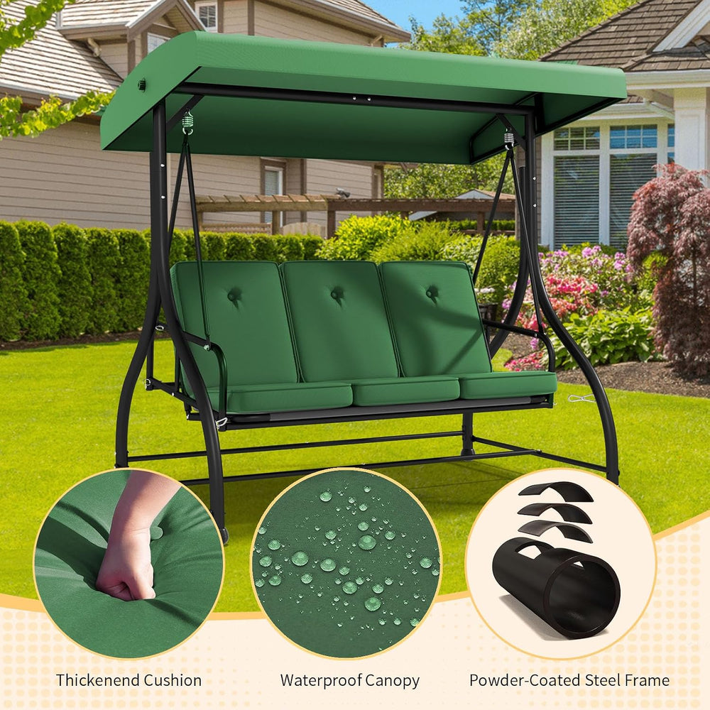 3-Seat Outdoor Porch Swing Glider with Adjustable Canopy, Patio Swings Bed wi...