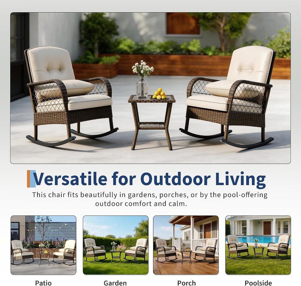 IDEALHOUSE Outdoor Wicker Rocking Chair, Patio Rattan Rocker Chair with Cushi...