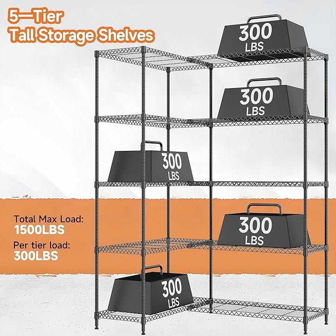 5 Tiers Storage Shelves Load 1500LBS, Metal Shelving Wire Metal Shelving Unit...