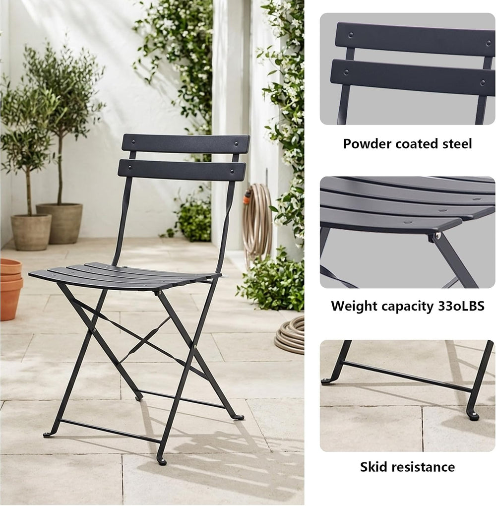 3 Piece Outdoor Bistro Set, Black Folding Table & Chairs for 2