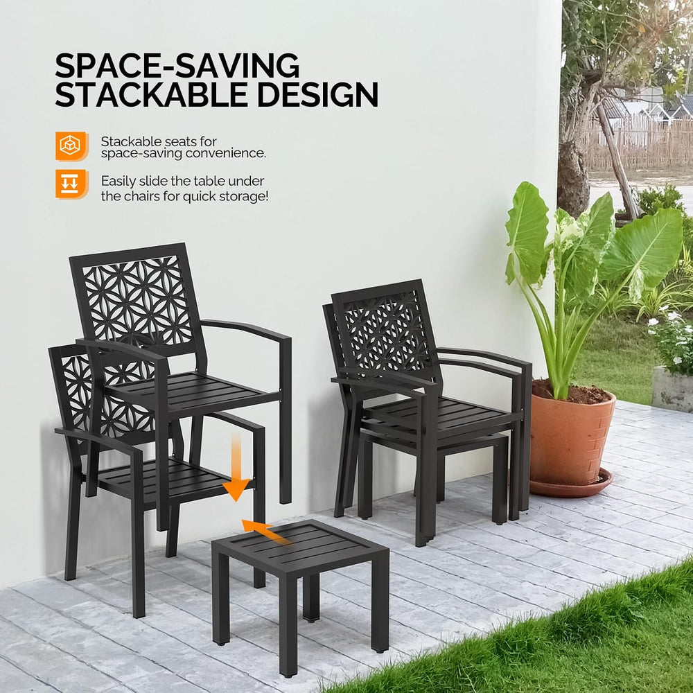 VINGLI 3-Piece Outdoor Bistro Set, Stackable Modern Metal Steel Table and Cha...
