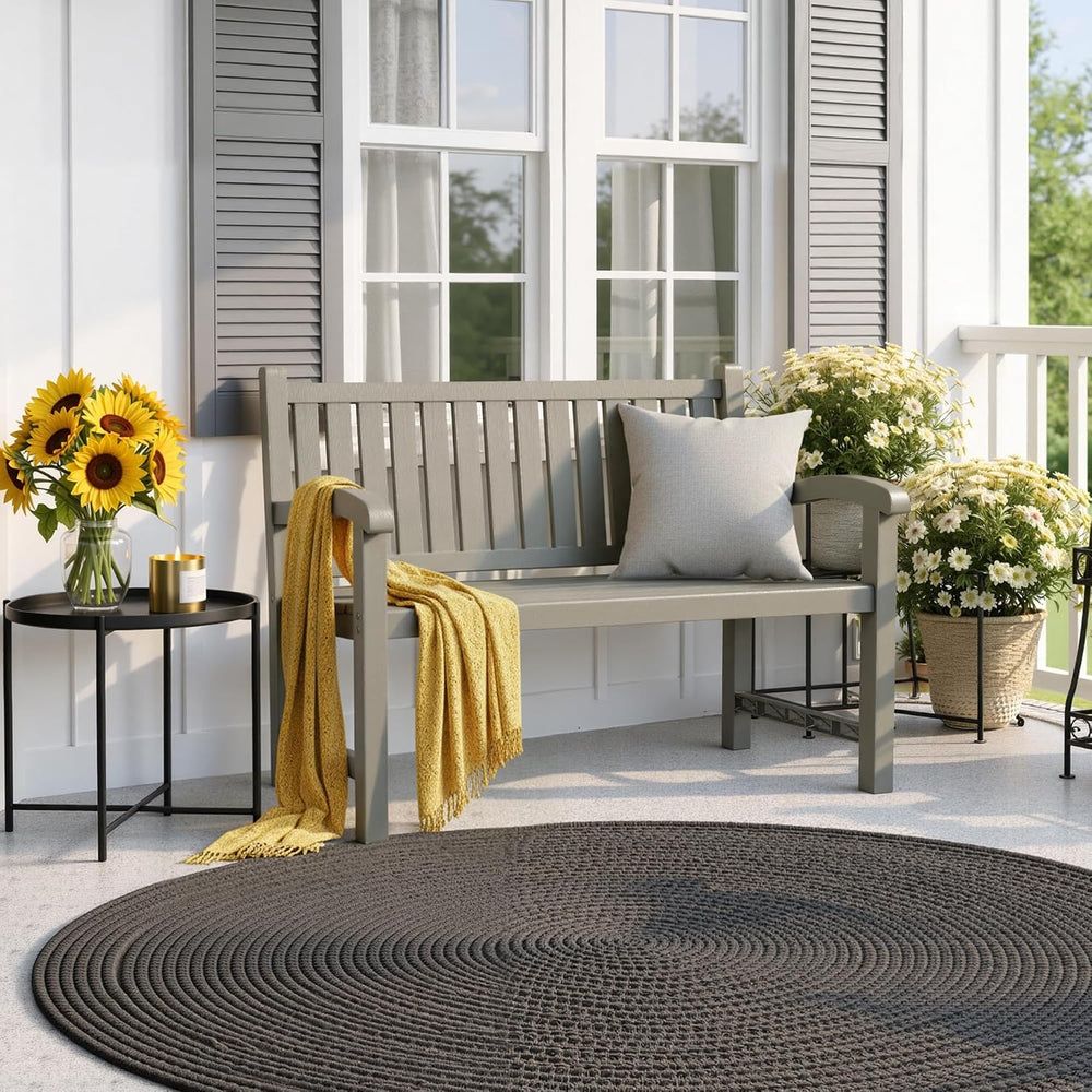 PatioZen Outdoor Bench, 2-Person Resin Bench, Grey