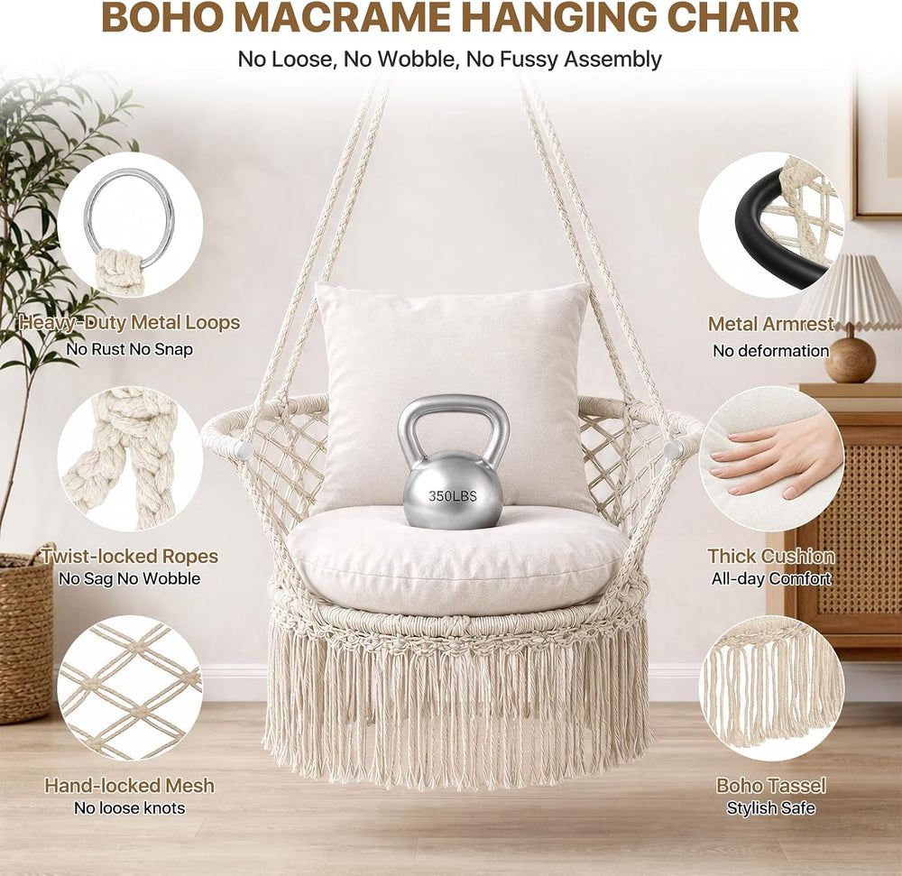 Athena Collection Macrame Hammock Chair with Mounting Hardware Kit, Beige
