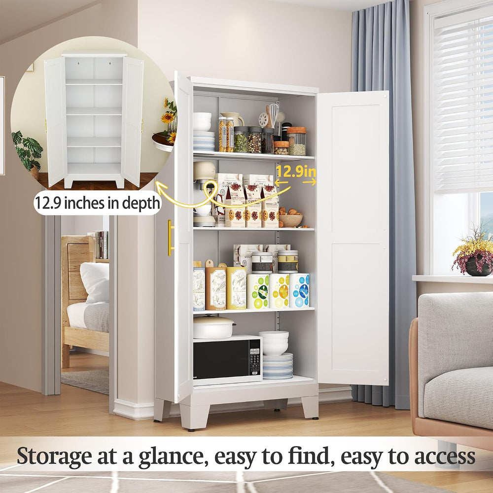 White Metal Storage Cabinet, 61" Kitchen Pantry Cabinets for Office