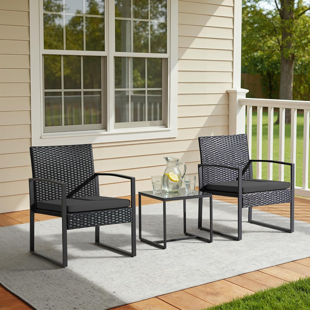 Greesum 3 Piece Wicker Conversation Bistro Sets Outdoor Patio Set(Black)