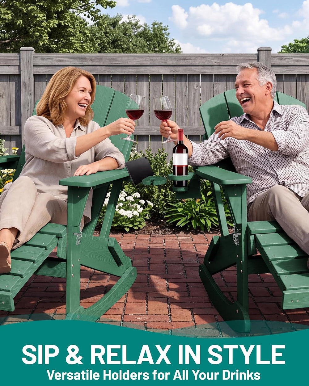 PLUUV Folding Adirondack Rocking Chair with Retractable Ottoman, Green