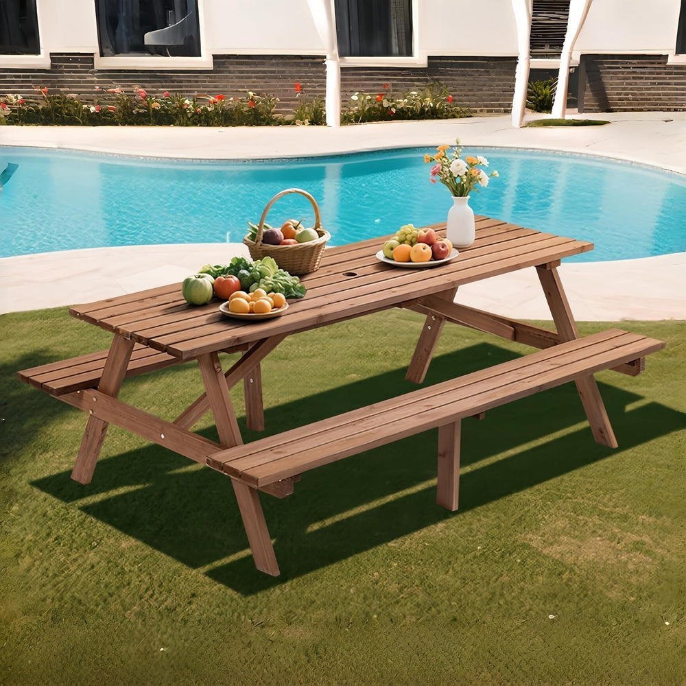 Brown 75" Rectangular Wooden Picnic Tables for Outdoors