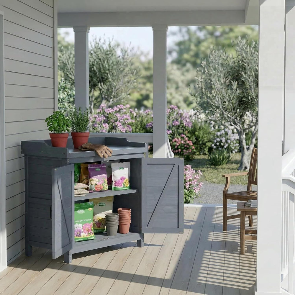 GDLF Outdoor Storage Cabinet with Work Bench, Garden Potting Table, Gray