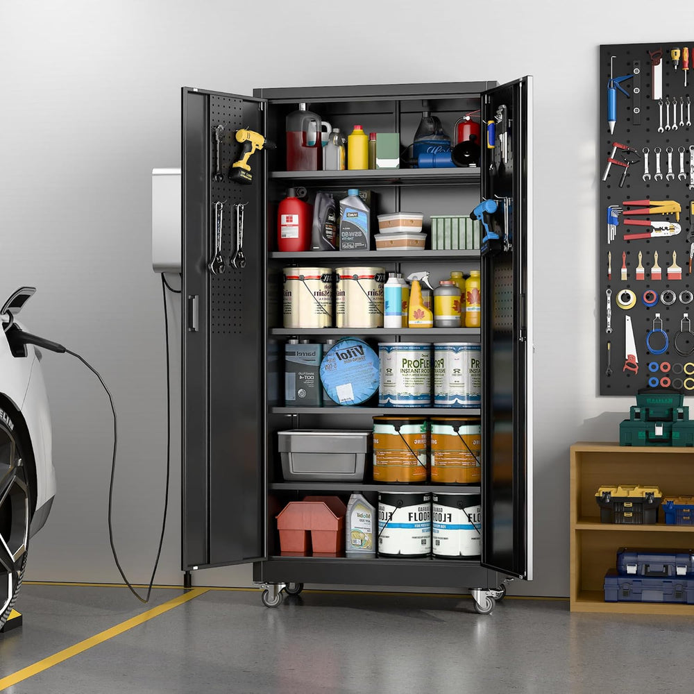71" Metal Storage Cabinet with Wheels, 5 Adjustable Shelves, Black