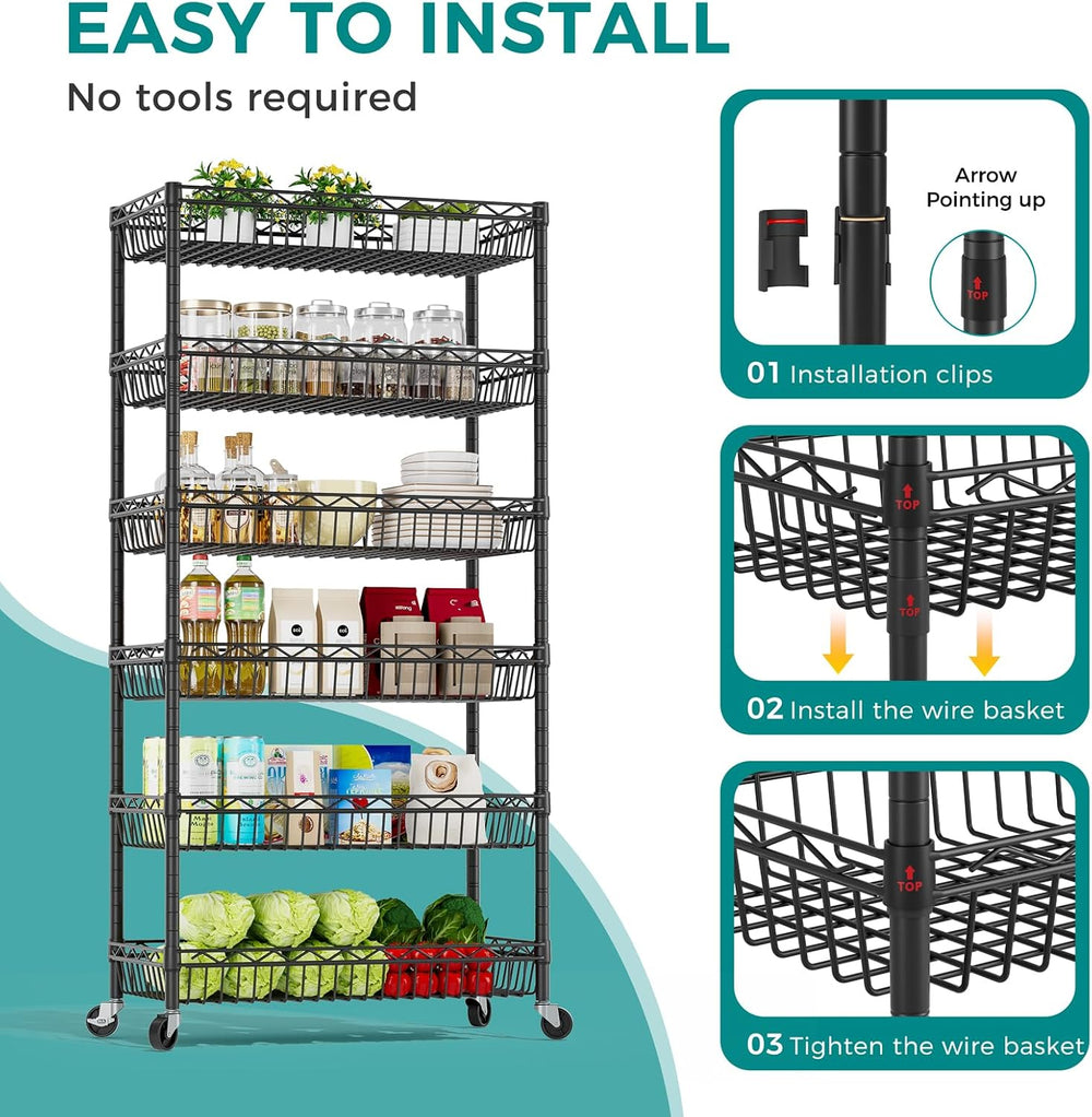 6 Tier Shelf Wire Shelving Adjustable Storage Shelves Basket Rack