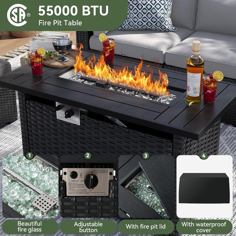 Aoxun 8 Piece Patio Furniture Set with 44” Fire Pit Table, Wicker Rattan Pati...