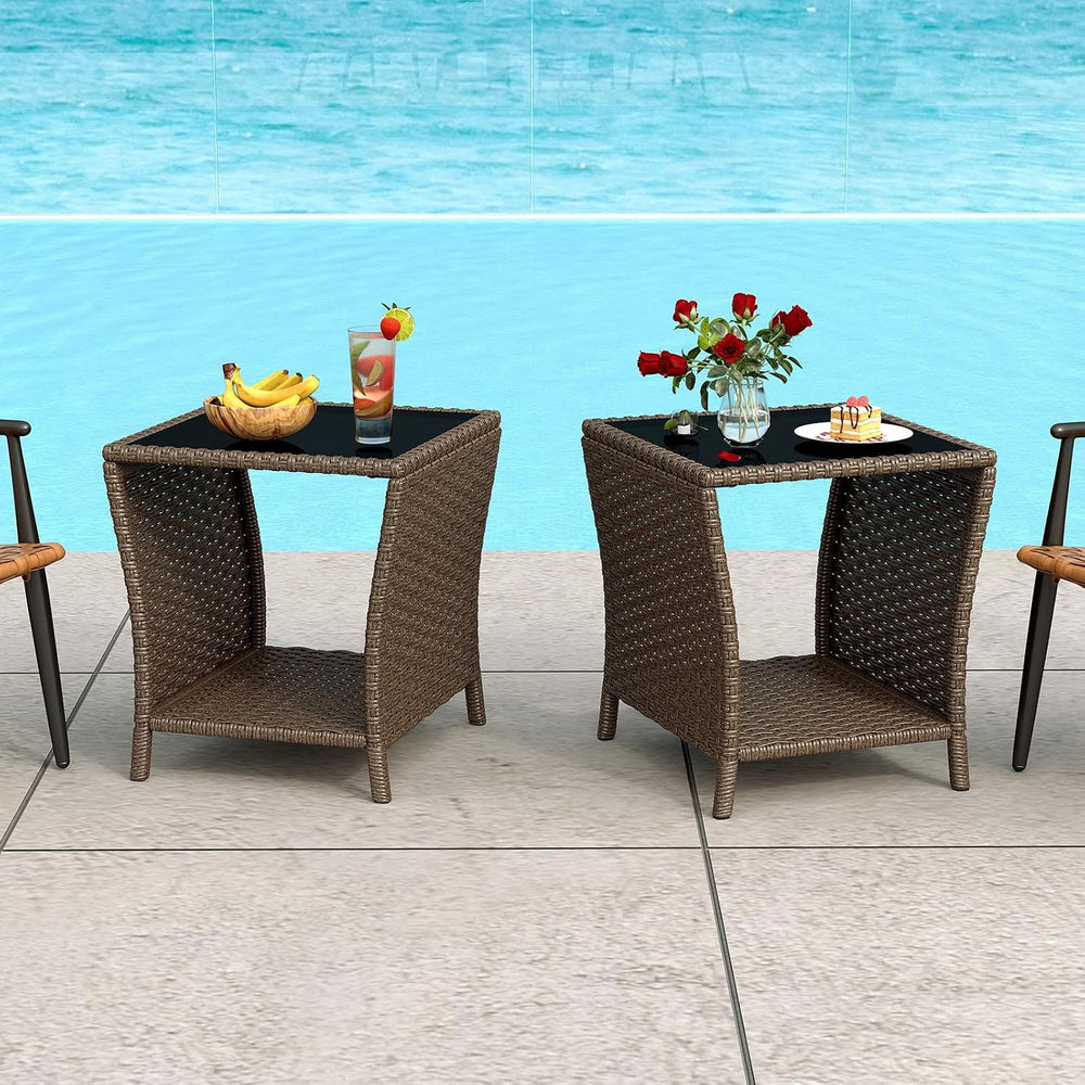 kinbor Set of 2 Outdoor Wicker Side Table, Glass Top & Storage Shelf, Brown