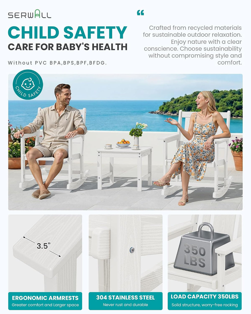 SERWALL 3-Piece Patio Furniture Set with 2 Rocking Chairs & Table, White
