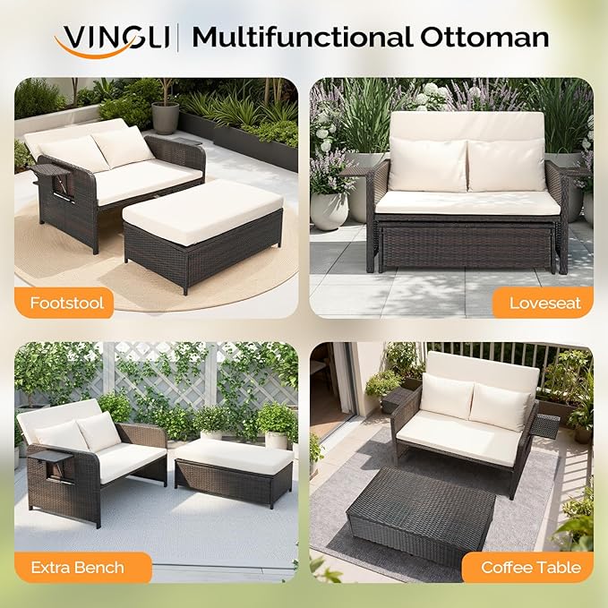 VINGLI Patio Daybed, Wicker Outdoor Daybed with Storage Ottoman & 5-Level...