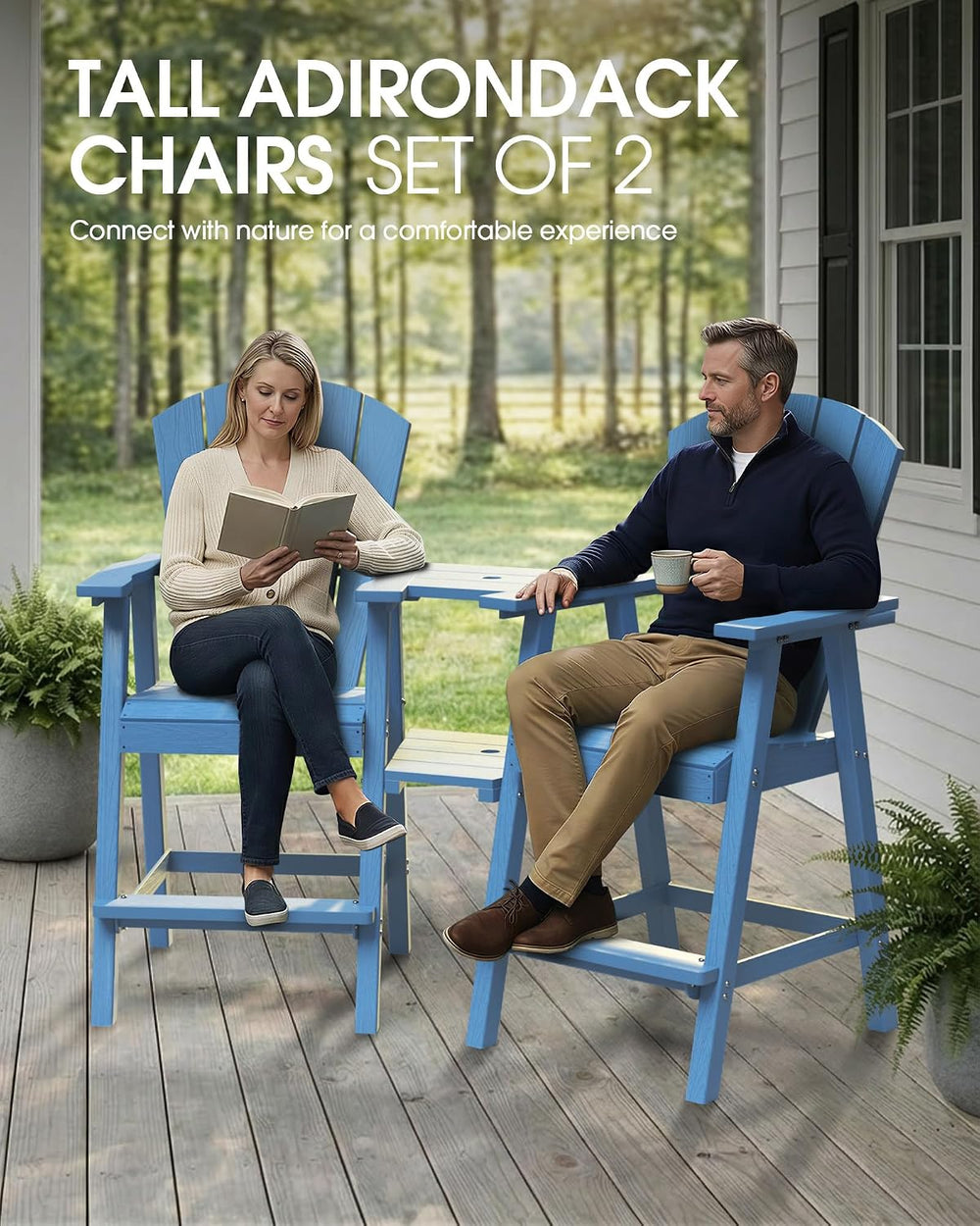 Tall Adirondack Chairs Set of 2 with Double Removable Trays, Blue