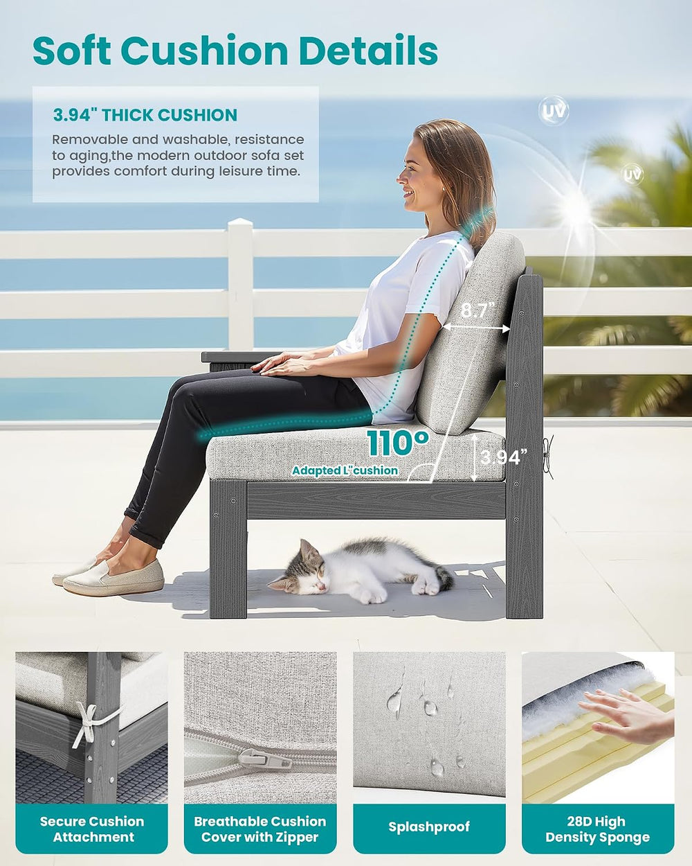 SERWALL 5 Piece Patio Sofas, Outdoor Sectional Sofa with Coffee Table, Grey