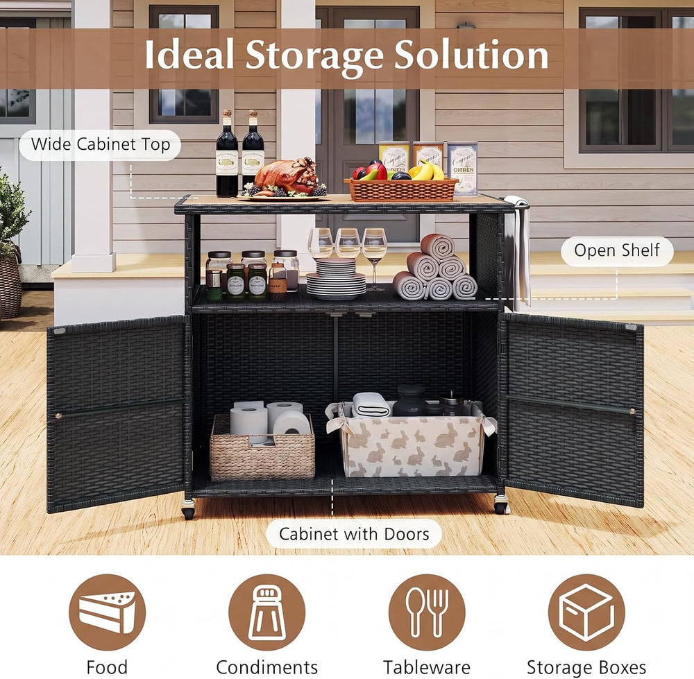 HAPPYGRILL Outdoor Storage Cabinet with Wheels, PE Rattan Deck Box (Black)