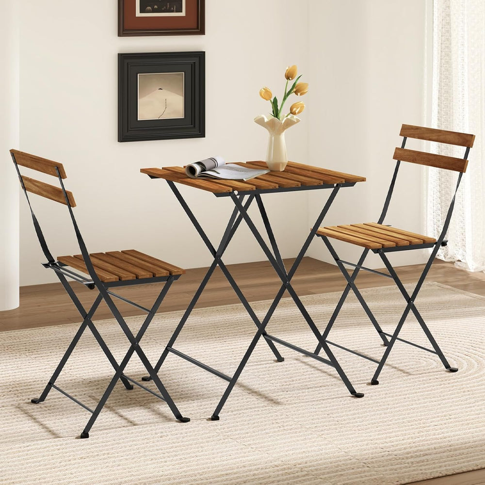 GIANTEX 3-Piece Acacia Wood Bistro Set, Patio Bistro Table with 2 Folding Cha...