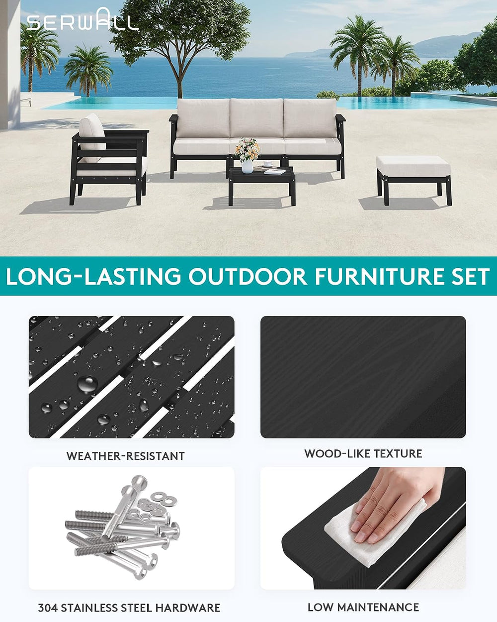 SERWALL HDPE Patio Furniture Set, 6 Pieces Outdoor Sectional Sofa Set