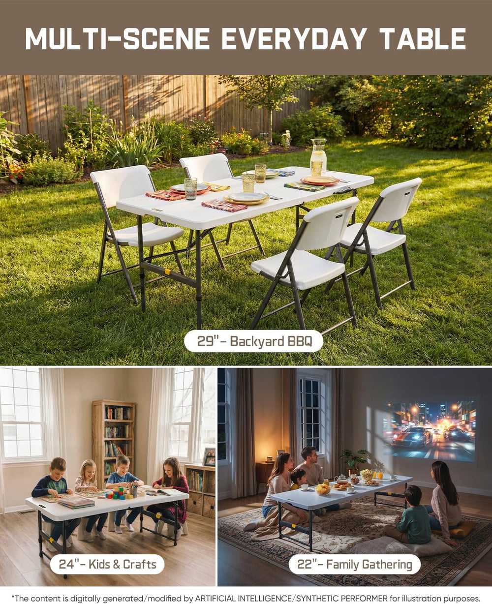 FanttikOutdoor Folding Table Plastic 6ft Quick Adjust 3-Height Picnic Party