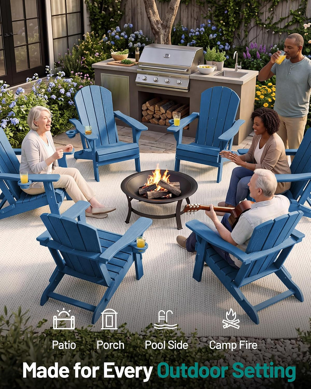 PLUUV Folding Adirondack Fire Pit Chairs Set of 2 with Cup Holders,Navy