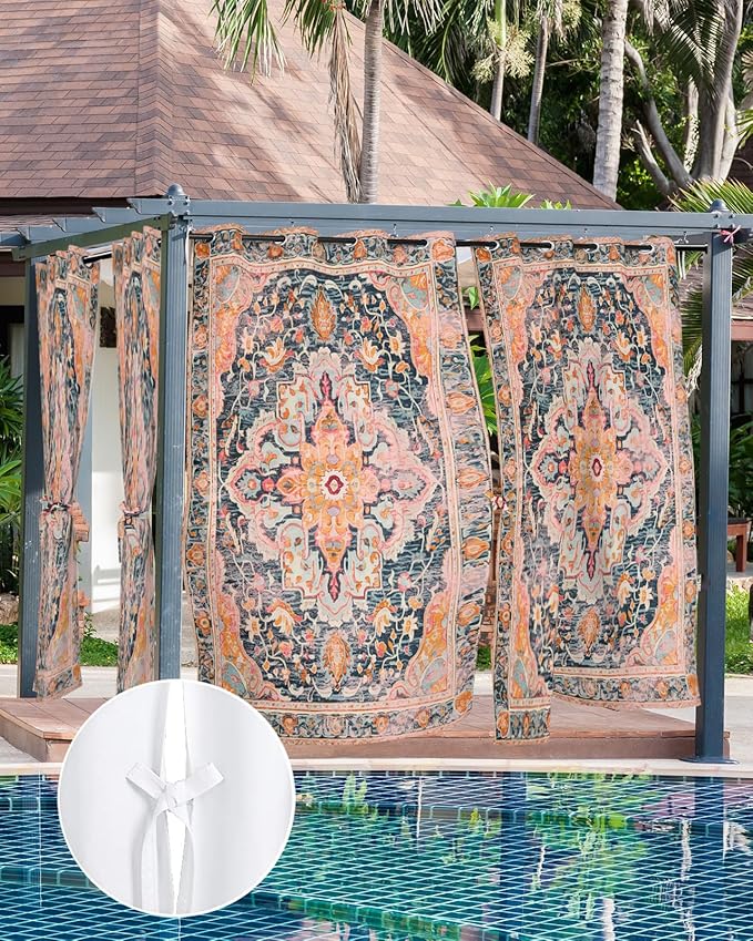 Rustic Boho Outdoor Curtains for Patio Waterproof, Grommet Privacy Curtain Dr...