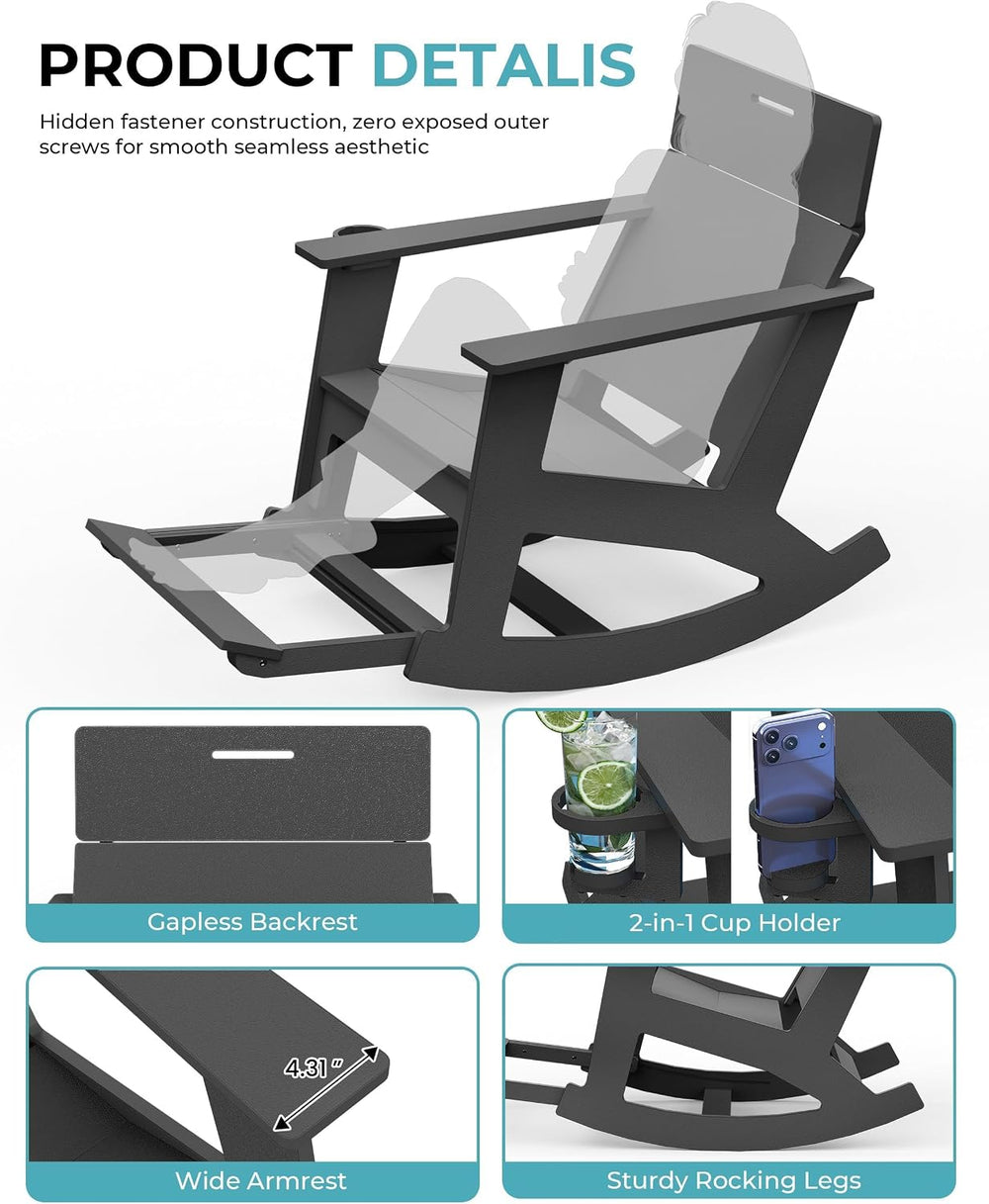 Outdoor Rocking Chair, HDPE Patio Porch Rocker with Ottoman, Grey