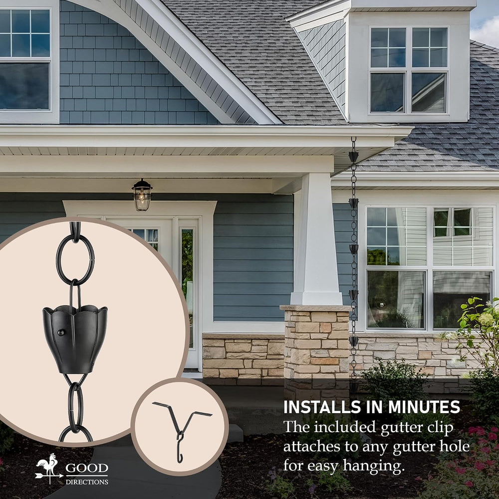 6 Cup Crocus Black Aluminum 8.5 ft. Rain Chain with Gutter Installation Clip ...