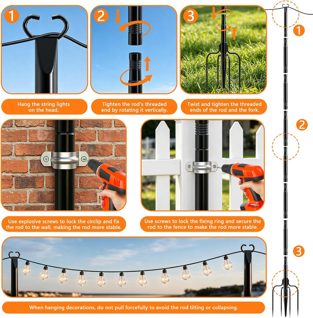 10Ft String Light Poles 6 Pack,Poles for Outdoor String Lights with Fork and ...