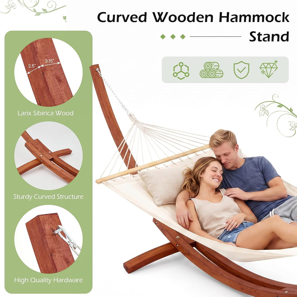 13 FT Wooden Hammock with Stand, Outdoor Double Hammock with Wood Stand 2 Per...