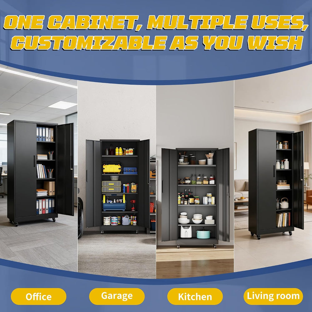 Metal Storage Cabinet, 73" H Garage Storage Cabinets with Wheels