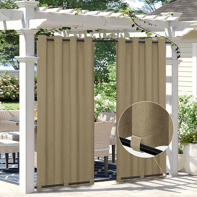Easy-Going Linen Look Outdoor Curtains Waterproof Windproof Porch Curtains, S...