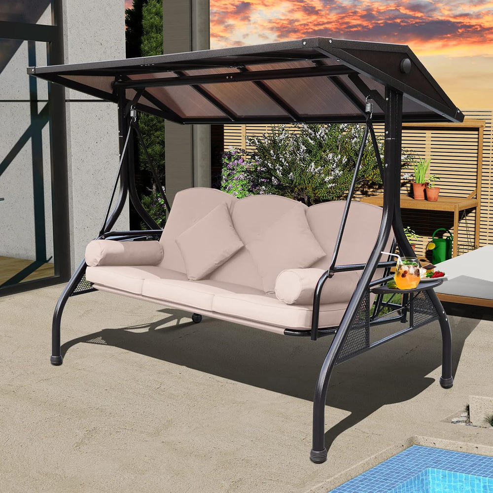 NOBLEMOOD Hardtop Patio Porch Swing with Convertible Backrest & Side Tables