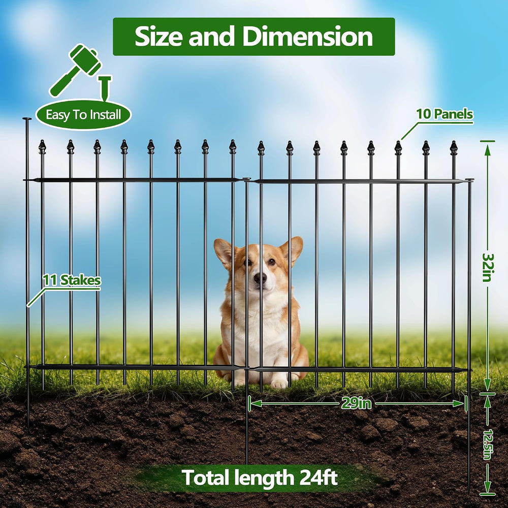 Decorative Metal Garden Fence，(10 Panels+ 11 Posts), Total Iength24 ft(W) x 3...