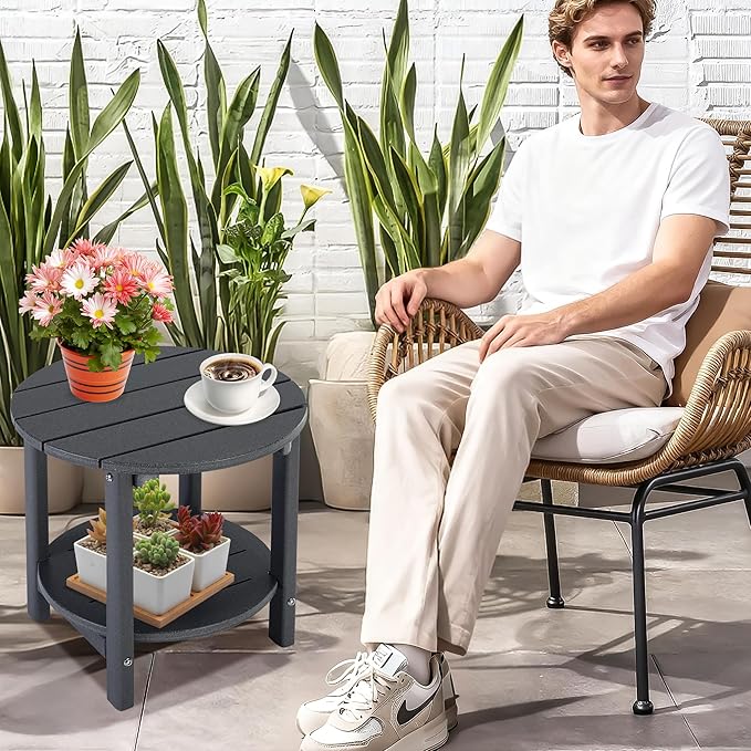 LZRS Round Adirondack Side Table Double End Table, Outdoor Side Tables for Pa...
