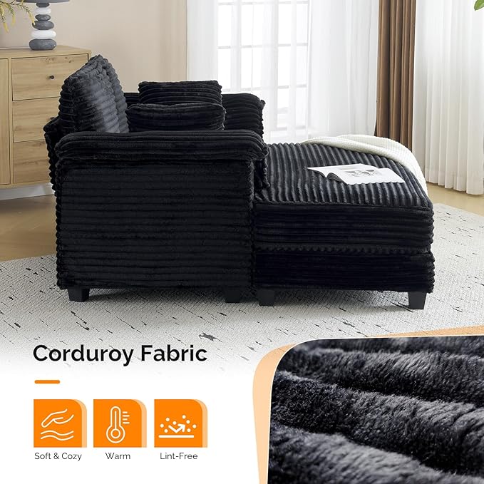 VINGLI 56" Oversized Chaise Lounge Chair, Black Comfy Corduroy Chaise So...