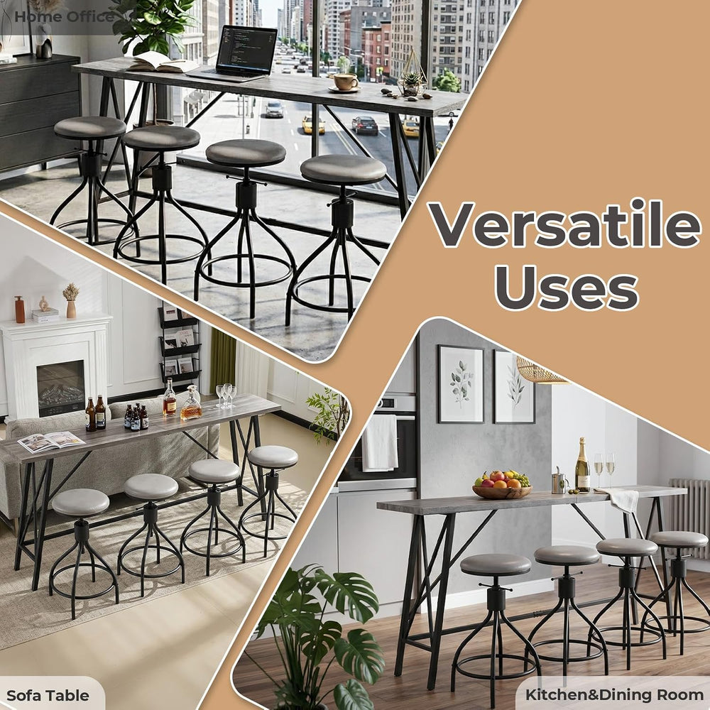 Karl home 83.8" Bar Table and Chairs Set, 4 Adjustable PU Stools, Gray