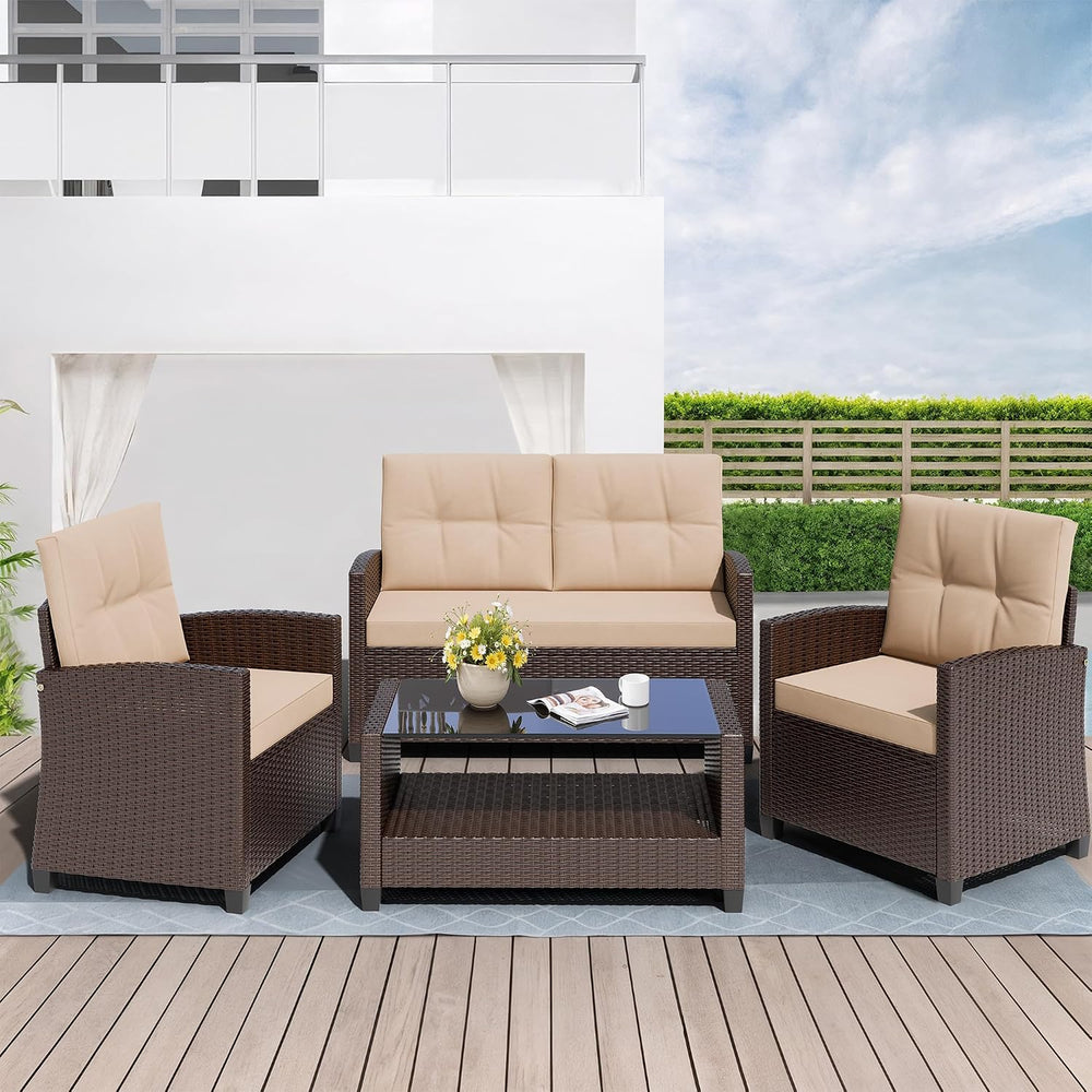 Shintenchi 4 Piece Patio Furniture Set, Outdoor Rattan Conversation Set with ...