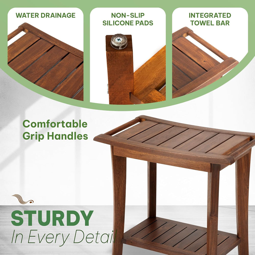Solid Wood Shower Bench, Shower Stool Chair, Waterproof Non-Slip, Walnut