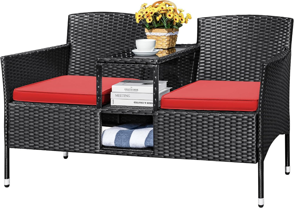 Devoko Outdoor Patio Loveseat Rattan 2-Seat Patio Conversation Set, Red