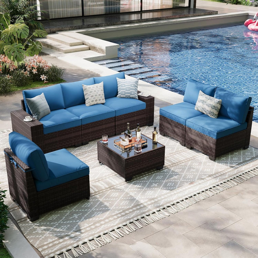 7-Piece Outdoor Patio Furniture Set, 6-Seat All-Weather PE Rattan Wicker Pati...