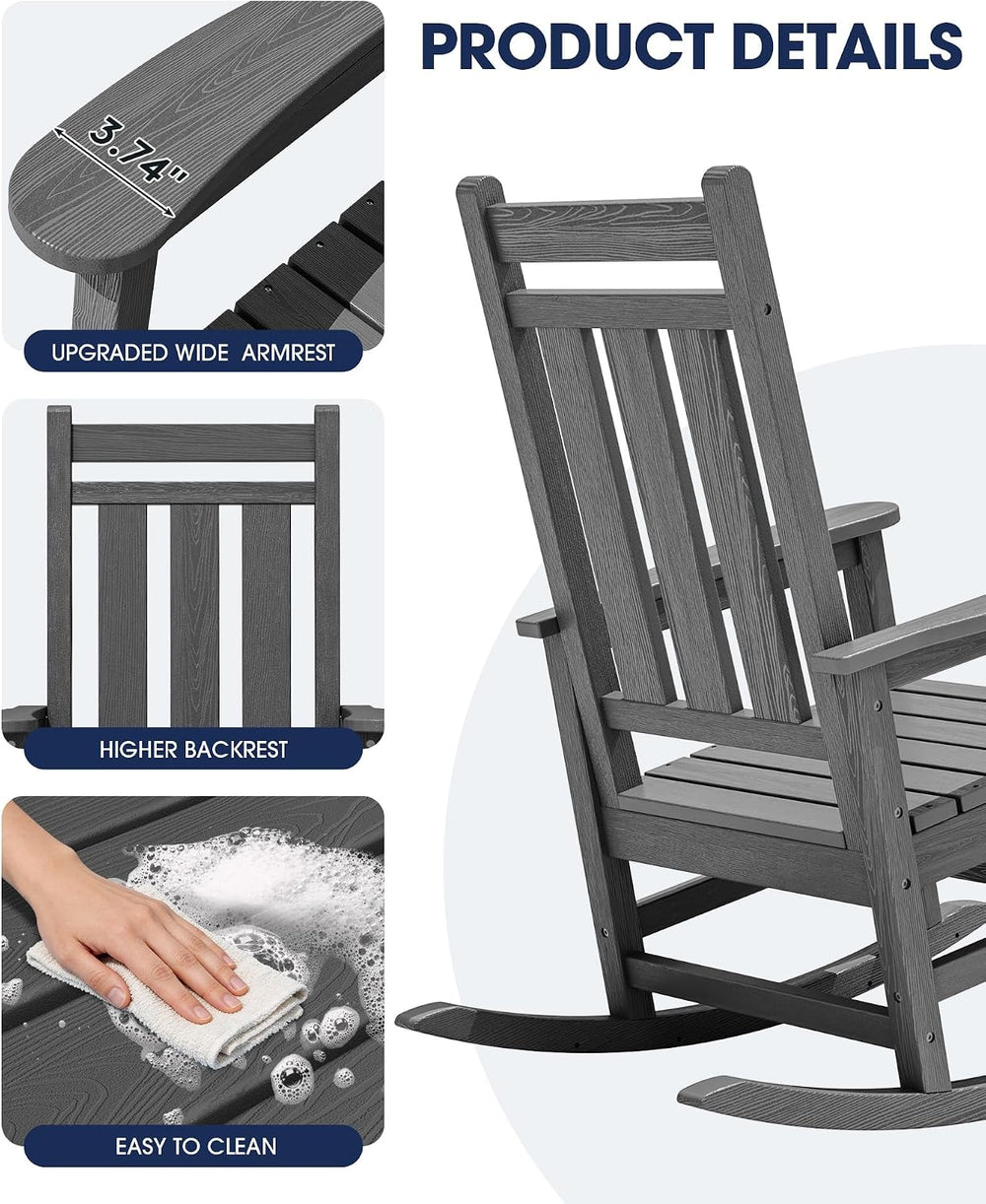 Oversized Outdoor Rocking Chair, HDPE Patio Rockers, Gray